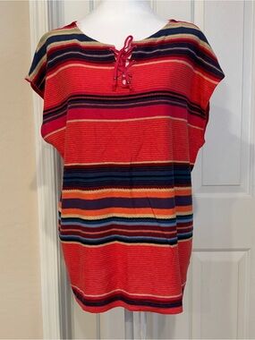 Chaps Denim Plus 1X Multi-Stripe Lace-Up Short Sleeve  NWT MSRP $66